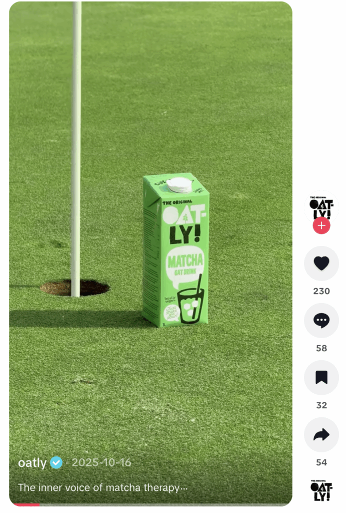 An Oatly TikTok video where they unveil the matcha flavor in the EU with a soothing voice over and a matcha at the golf course