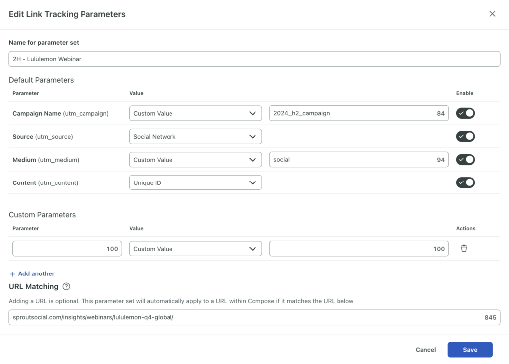 La configuración de los parámetros de seguimiento de enlaces de Sprout Social, que automáticamente agrega parámetros a tus enlaces en las publicaciones que compartes en Sprout.