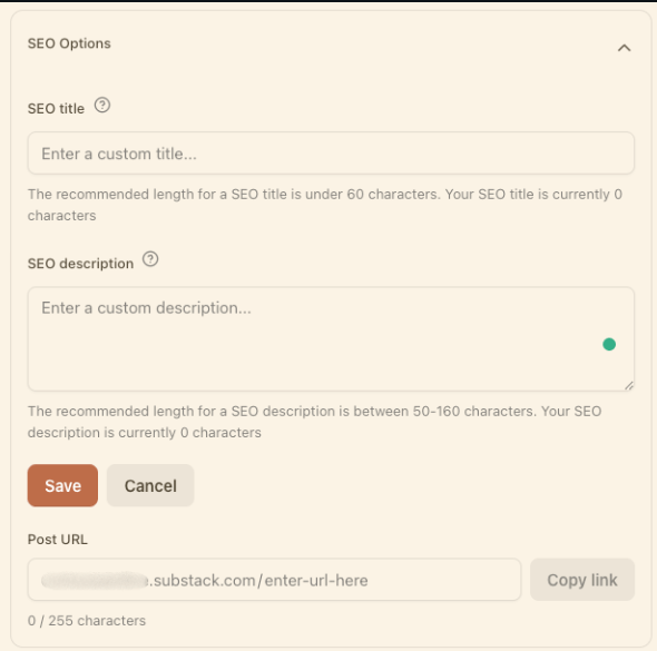 A form with blank fields for an SEO title, a description and a URL