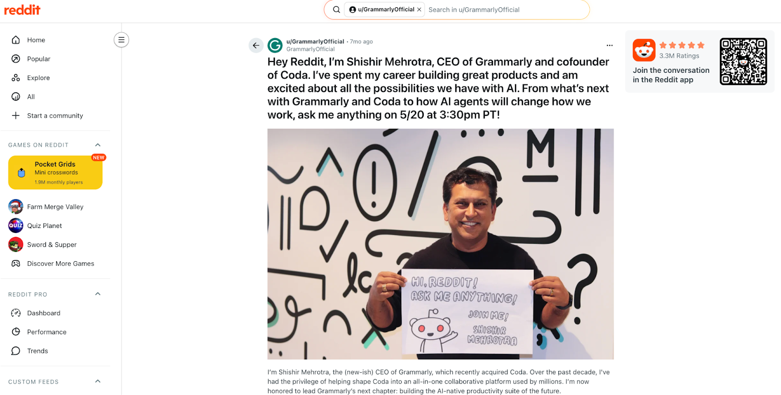 A post from u/GrammarlyOfficial promoting an upcoming AMA with their CEO and cofounder.