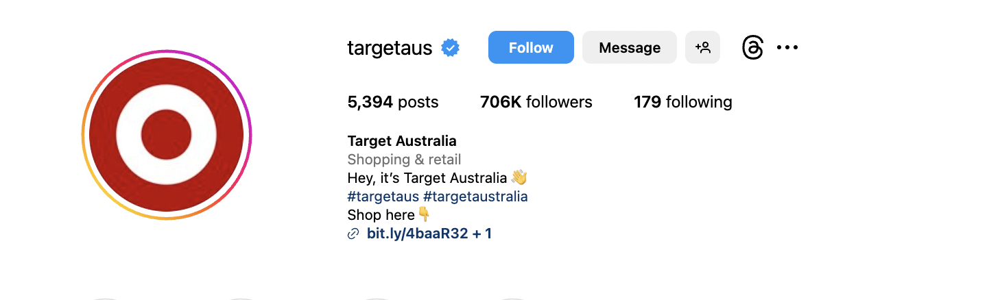 Target Australia Instagram profile with hashtags #targetaus #targetaustralia