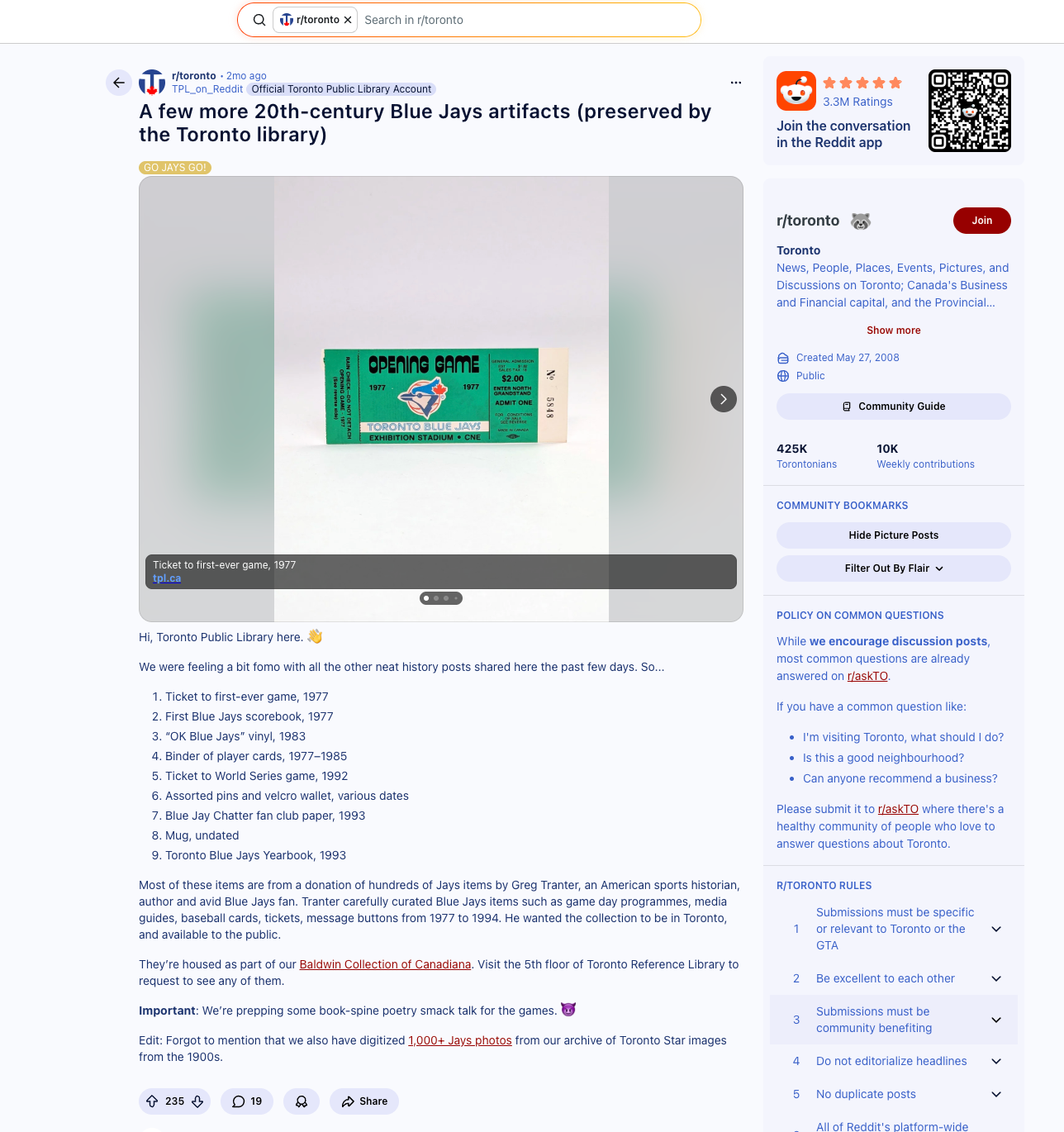 A Reddit post from the Toronto Public Library showcasing a 1977 Blue Jays ticket from its archives.