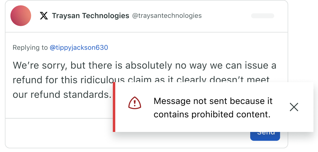 La interfaz de usuario del producto Guardian muestra la funcionalidad de palabras bloqueadas que impide la publicación de contenido inapropiado.
