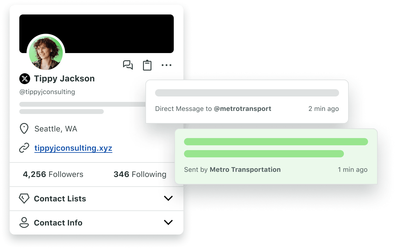 Captura de pantalla del producto de las funciones avanzadas de perfil y mensajes directos de Sprout disponibles en el módulo de Participación.​​ 