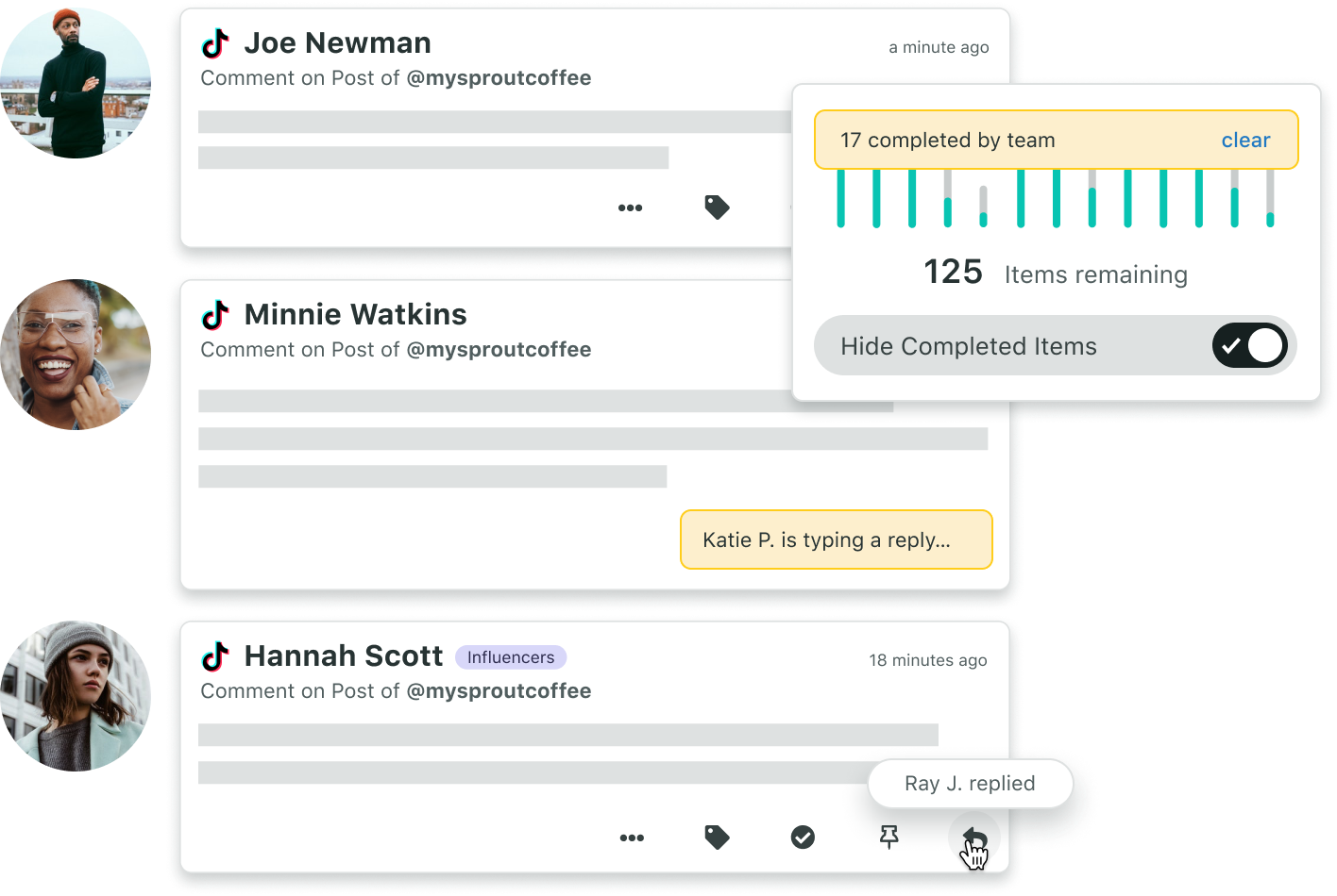 Desde la Entrada inteligente de Sprout, verás los comentarios de TikTok junto a los mensajes de las principales redes sociales.​​ 