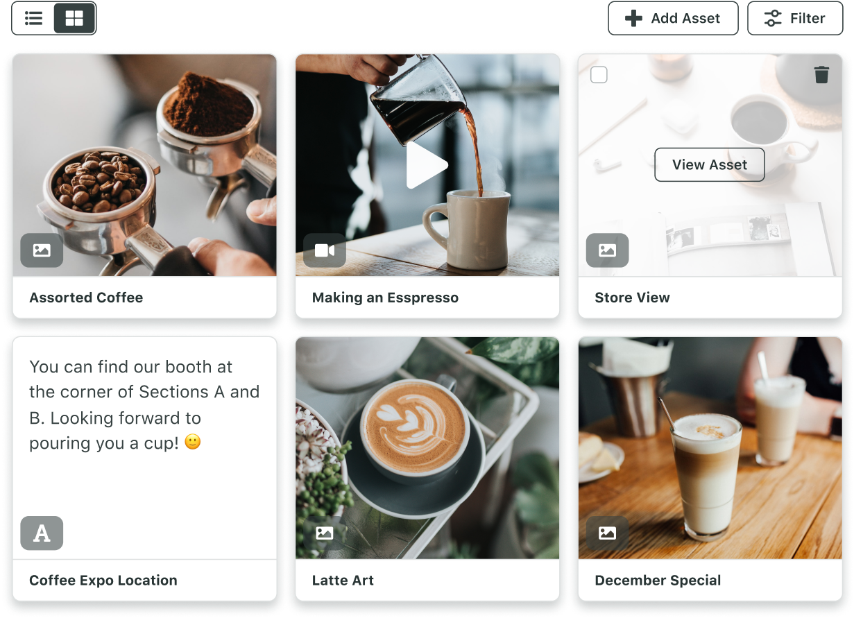 Ejemplos de contenido multimedia presentes en la Biblioteca de recursos de Sprout, que incluye imágenes, videos y mensajes de uso frecuente.