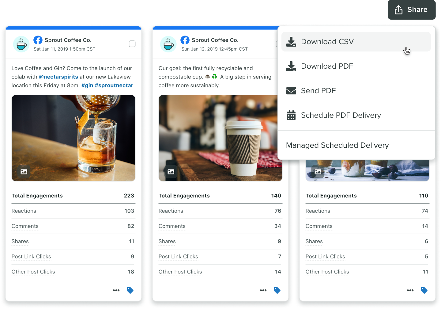 El botón Compartir permite a los usuarios descargar informes en archivos CSV y PDF, y enviar o programar la entrega del PDF por correo electrónico.