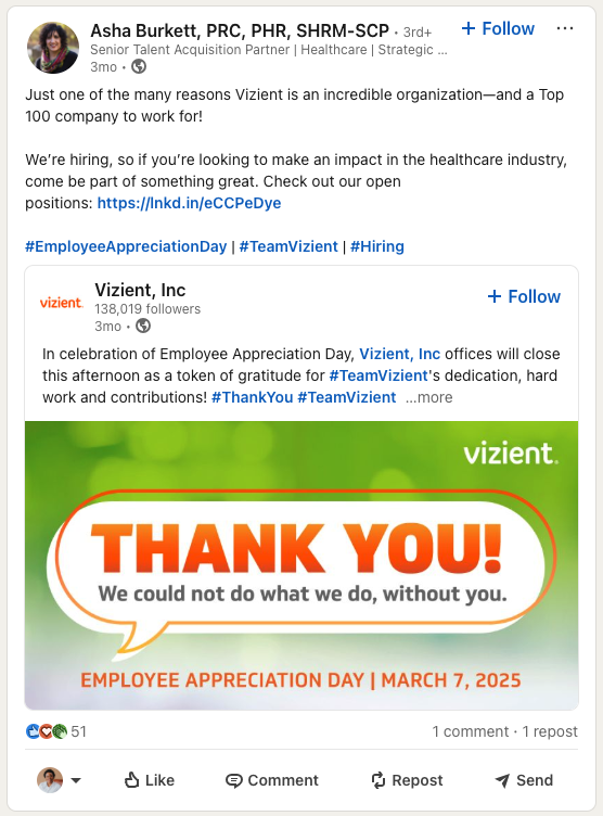  Employee advocacy post from a Vizient Inc. employee