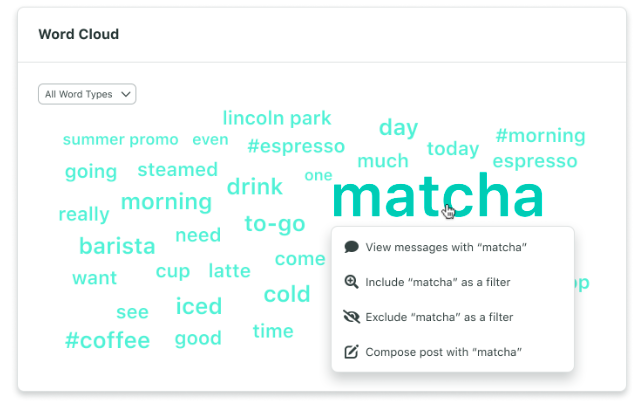 word cloud tool on Sprout Social showing similar hashtags you can use.