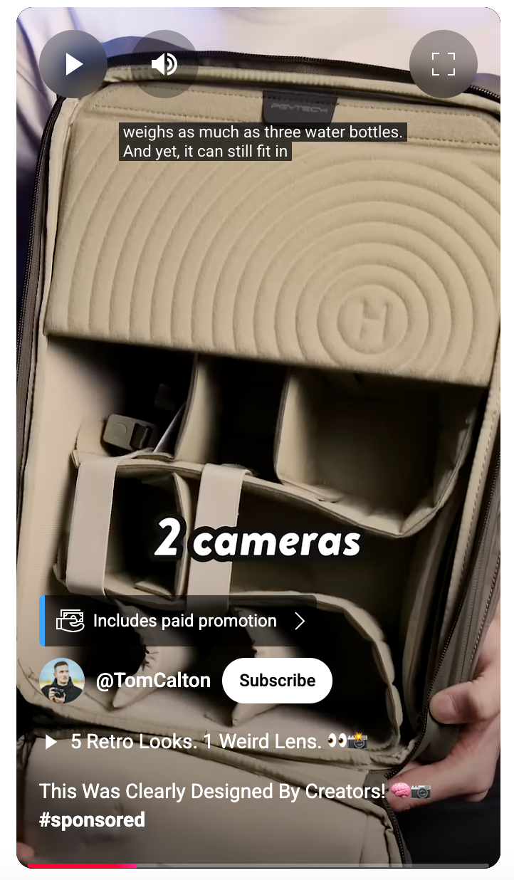 Sponsored YouTube Short from Tom Calton, promoting PGYTECH’s OneGo2 bag